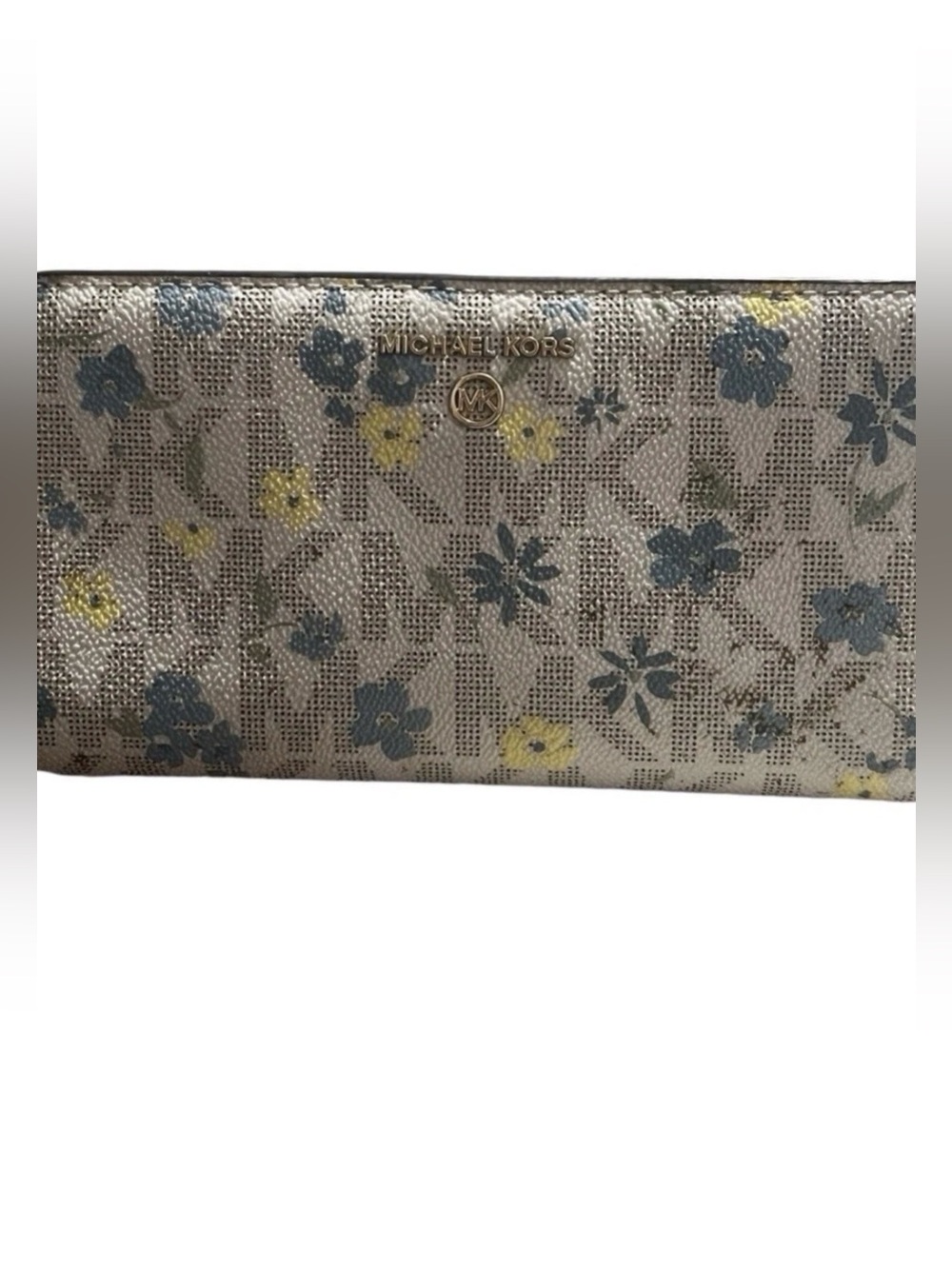 Michael Kors Cream Color Blue Floral Print Continental Wallet